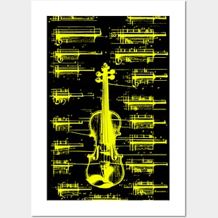 Yellow Neon Da Vinci violin blueprint Posters and Art